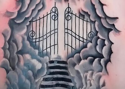 Black and grey tattoo of ornate heaven gates surrounded by detailed clouds, radiant sunbeams, and stone steps leading upward, showcasing realistic shading by Clockwork Tattoo Shop in Centereach, Long Island, NY.